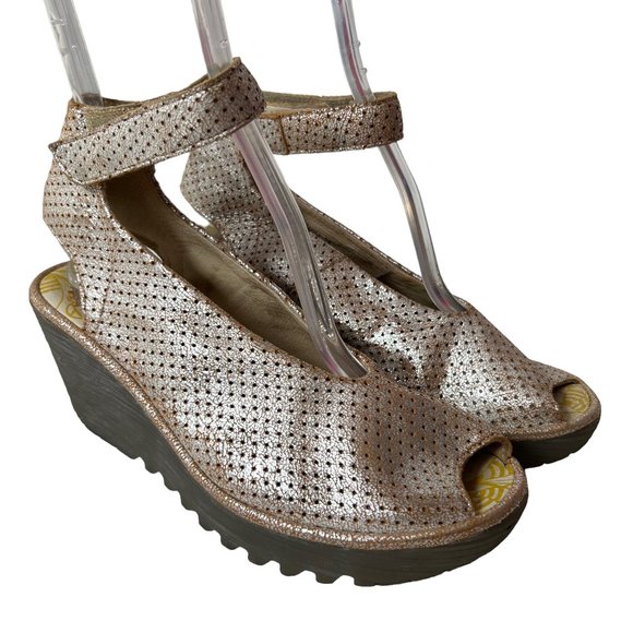 Fly London Shoes - Fly London wedge sandals Yala 38 gold metallic leather ankle strap perforated